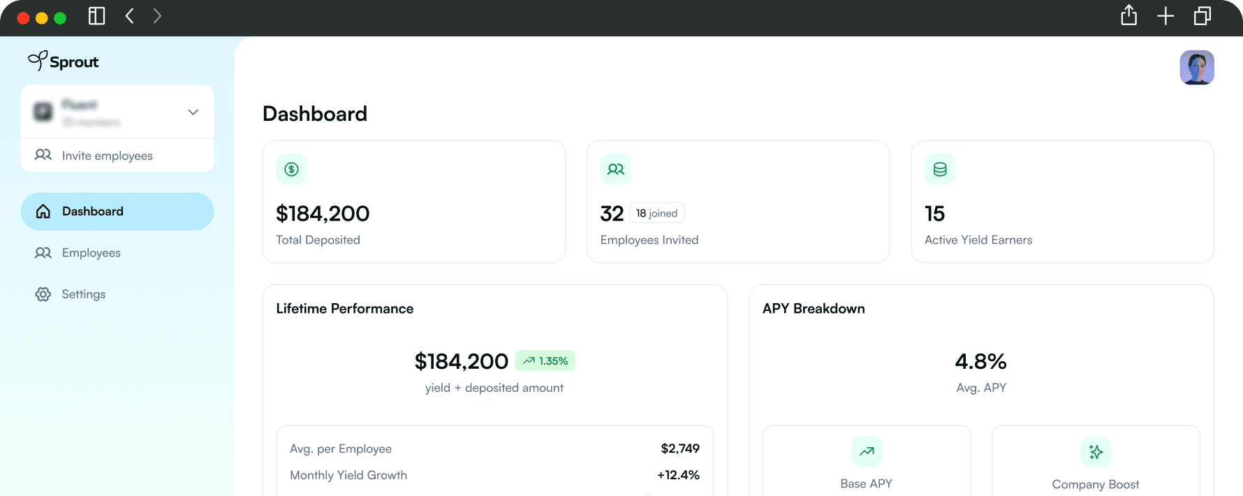 Sprout dashboard showing team management and yield tracking